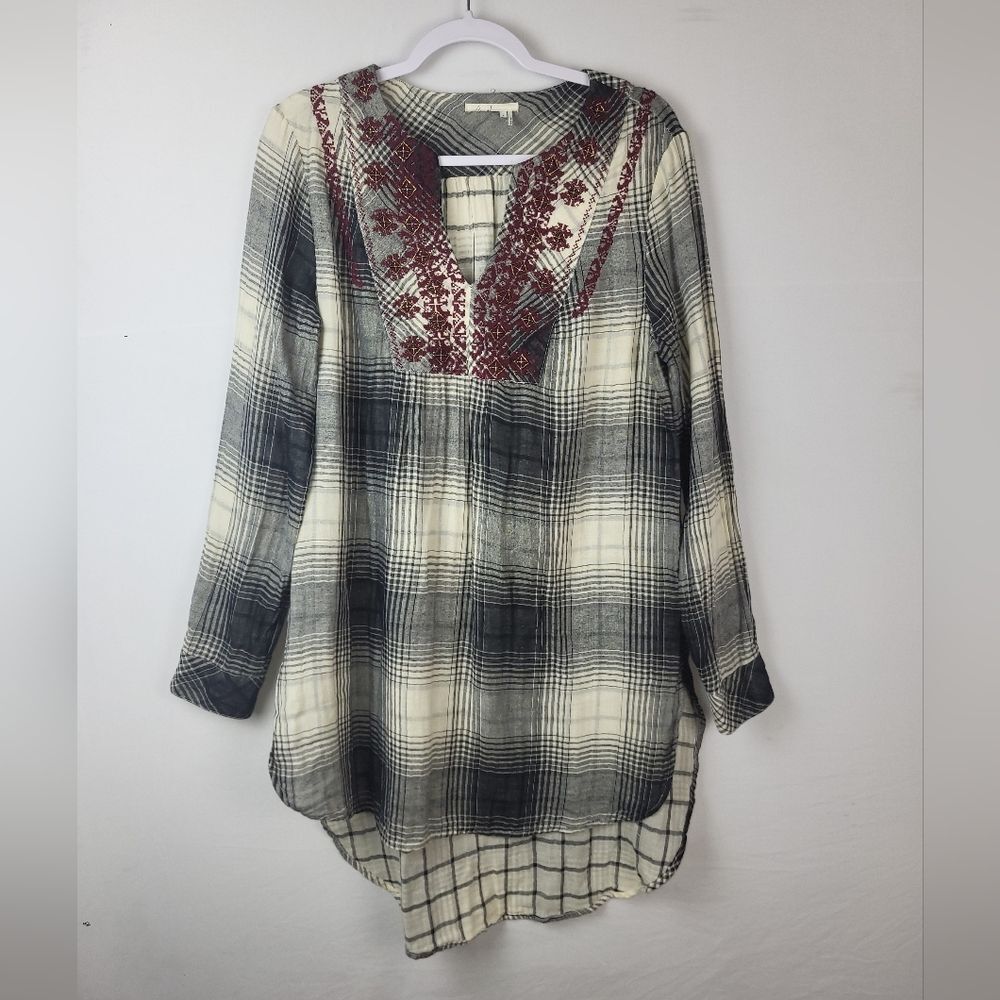 Anthropologie Floreat Plaid Long Sleeve Embroidered Beaded Tunic Blouse Small